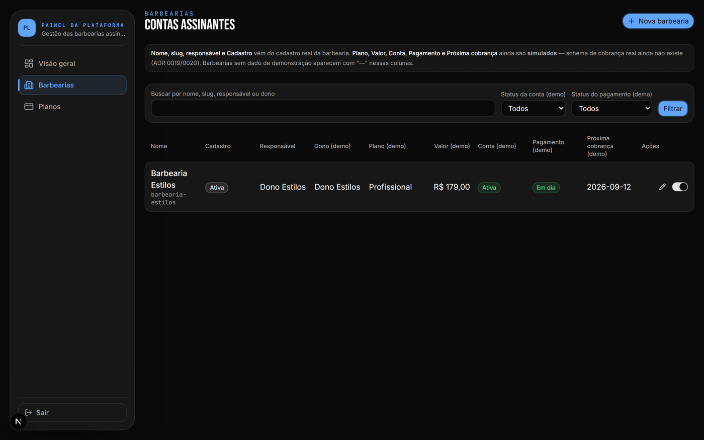 Painel do admin SaaS, listagem de barbearias assinantes