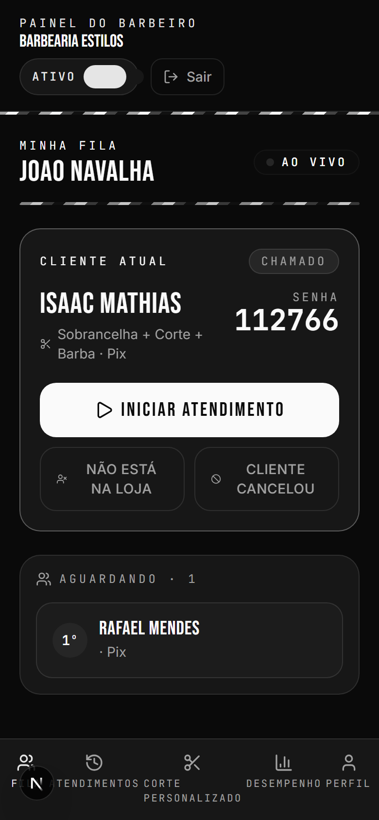 Painel do barbeiro com o cliente atual chamado e a fila de espera
